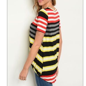 Black + red multicolor striped jersey tunic top